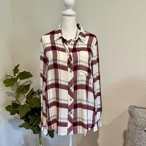 Melloday Plaid Button Down Flannel Shirt Burgundy & Cream Size M